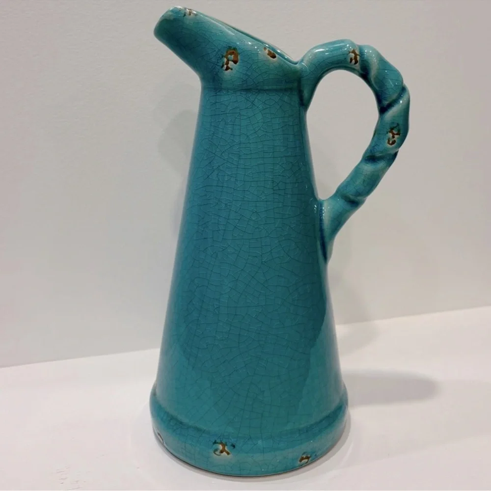 Vintage Pottery Vase Pitcher Water Jug Rustic Antique Glaze Turquoise Blue Green